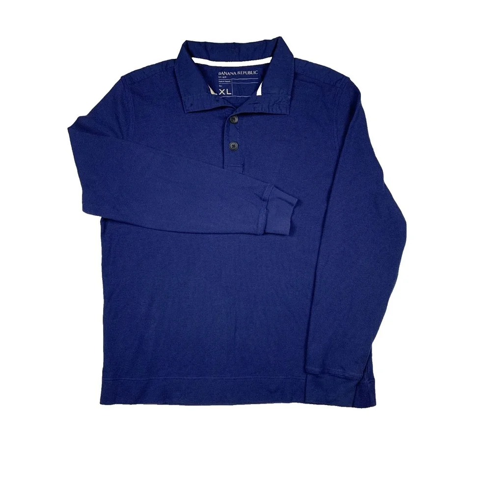 Banana Republic Polo Shirt Mens XL Blue‎ Long Sleeve Button Mock Neck